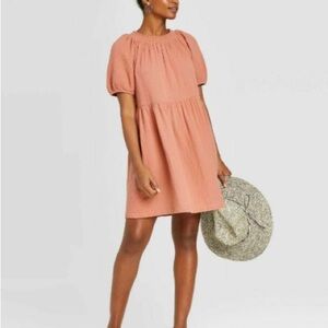 Universal Thread Cotton Rust Color Puff Sleeve Baby Doll Dress Size Medium
